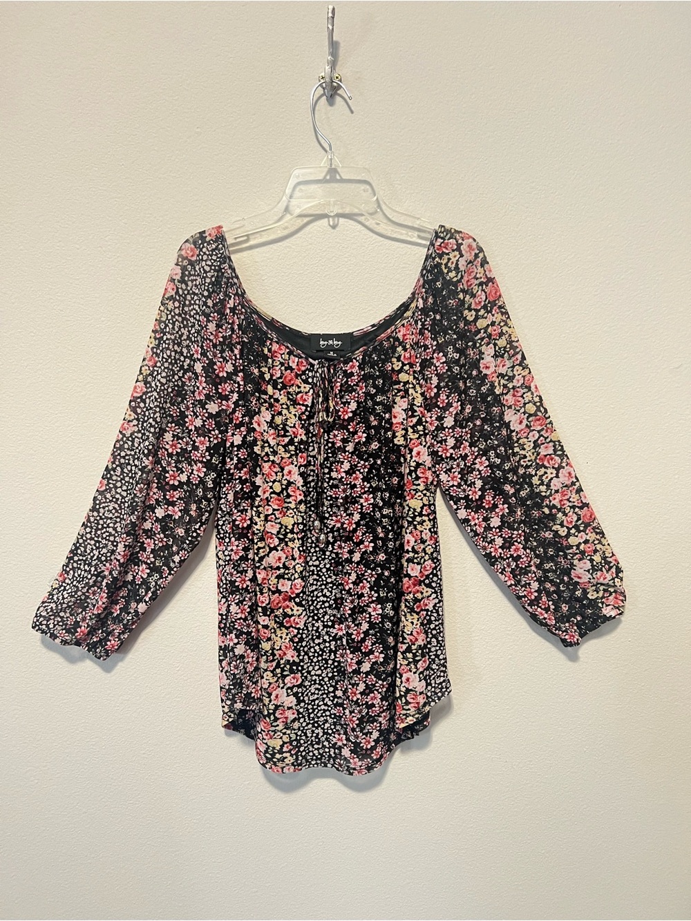 by & by Black Pink Floral Peasant Blouse